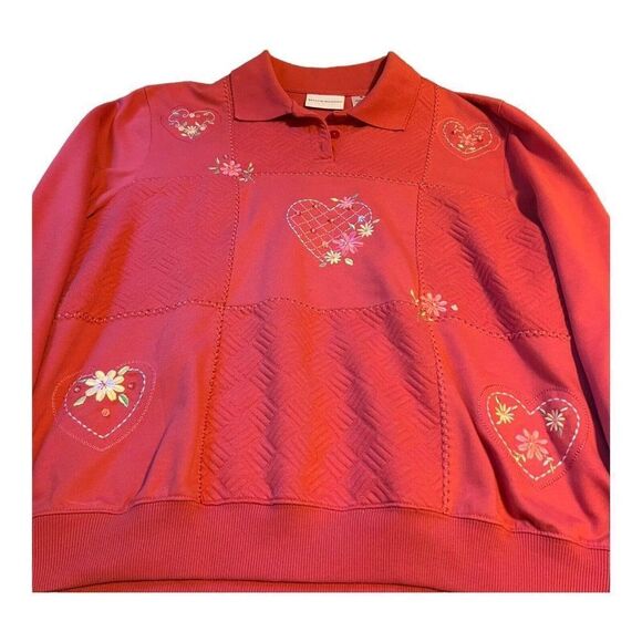 Alfred Dunner Red Sweater Top Sweatshirt XL Embroidered Heart Floral Collared - Picture 2 of 8